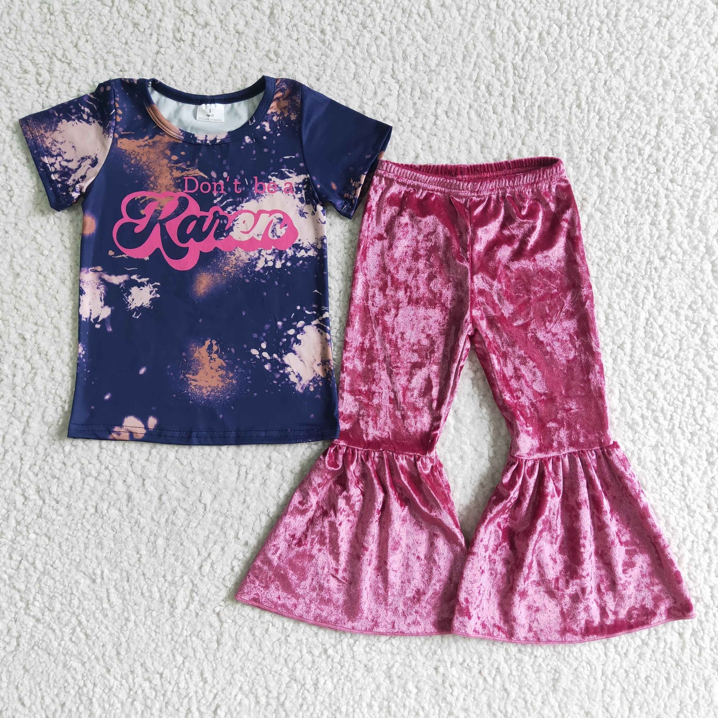 A4-22 Girls' Don't bea Speckled Short Sleeve Rose Gold Velvet Flared Pants Set