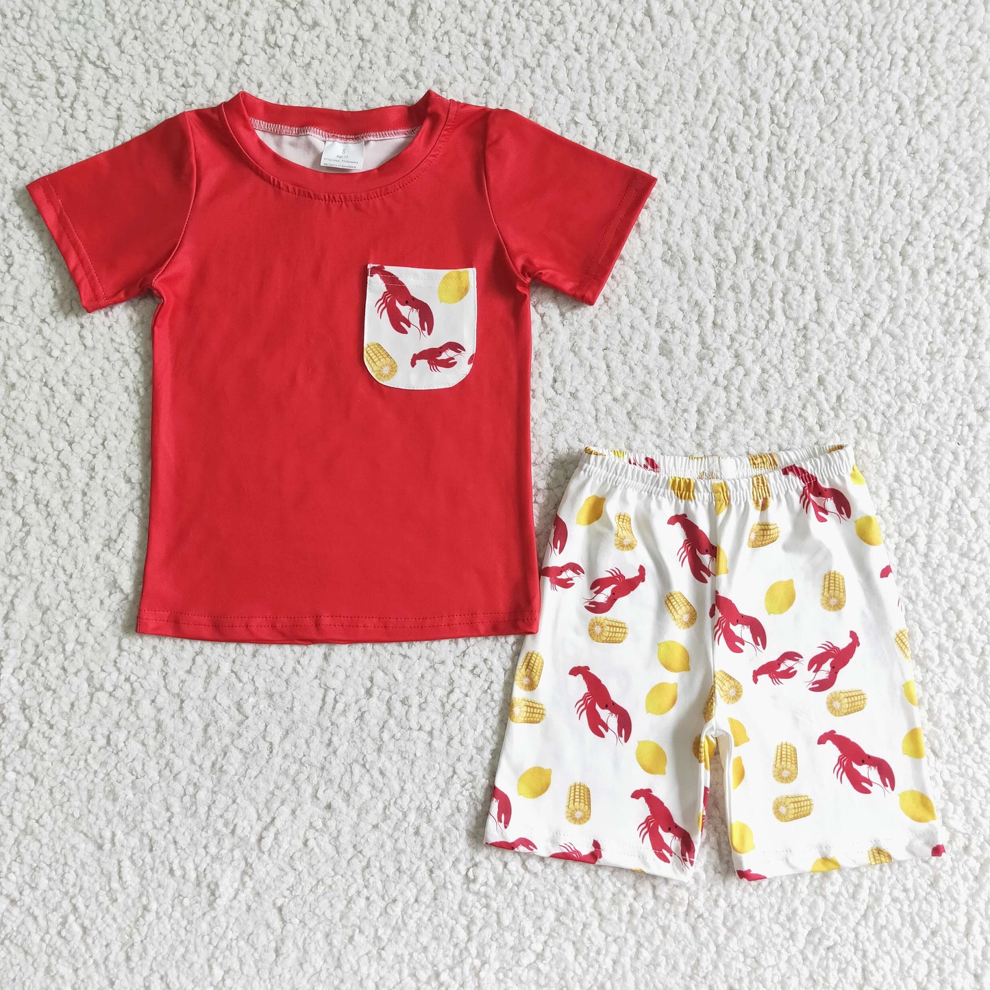 BSSO0006 Boys Red Short Sleeve Lobster Pocket Shorts Set