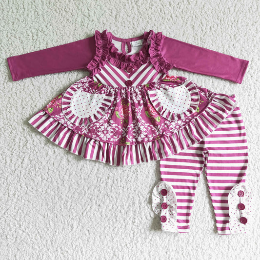 6 B8-21   Girls Fuchsia Striped Floral Suit Polka Dot Pocket Button Decoration