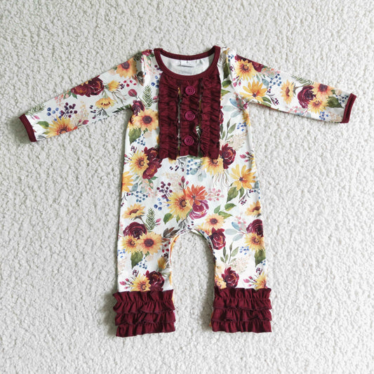 LR0009 Girls Floral Red Lace Button Long Sleeve Bodysuit