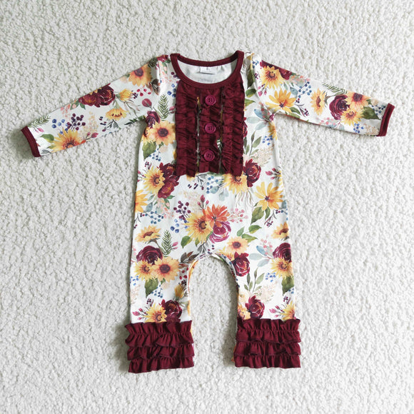 LR0009  Girls Floral Red Lace Button Long Sleeve Bodysuit