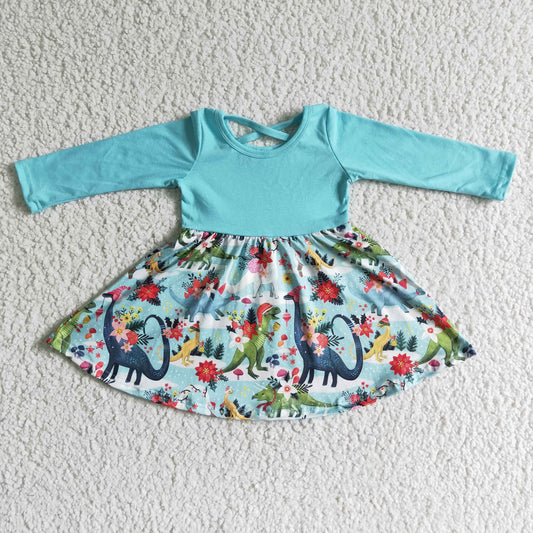 GLD0006   Girls Christmas Dinosaur Flower Blue Long Sleeve Dress