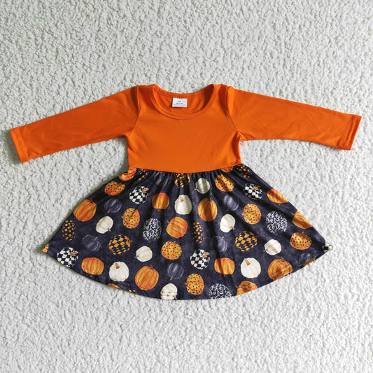 GLD0011  girl	 Autumn Pumpkin Orange Long Sleeve Dress