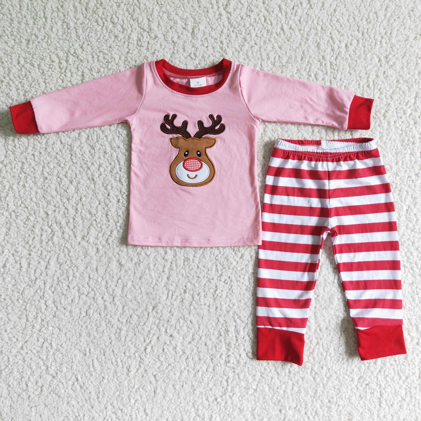 6 A27-12  Girls Pink Deer Head Embroidered Cotton Striped Pajamas