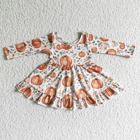 GLD0004 girl Autumn Pumpkin Flower Long Sleeve Dress