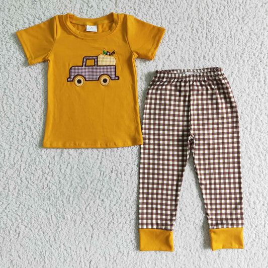 BSPO0007     Boys Autumn Embroidered Pumpkin Car Orange Short Sleeve Trousers Suit