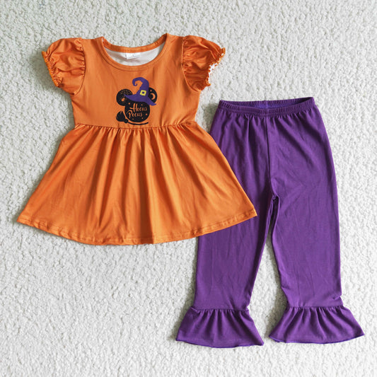 GSPO0117   Girls Halloween Mickey Head Short Sleeve Pants Set