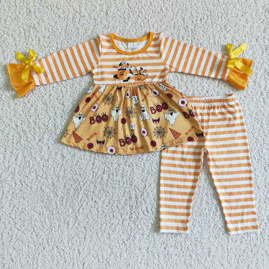 GLP0045 Girls BOO Ghost Stripe Bow Long Sleeve Pants Set