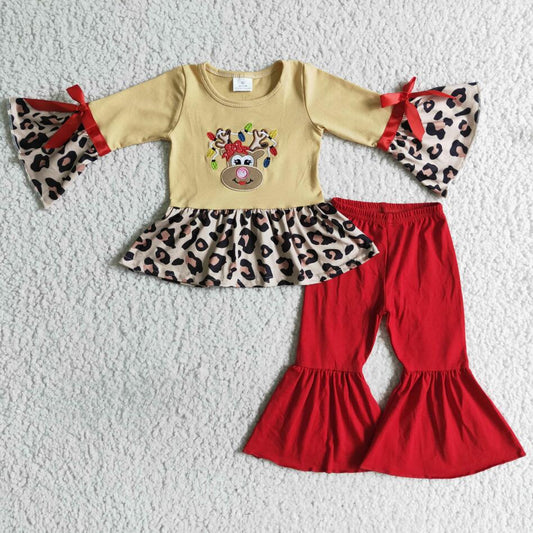 GLP0011 Baby Girls Red Christmas Embroidery Reindeer Outfit