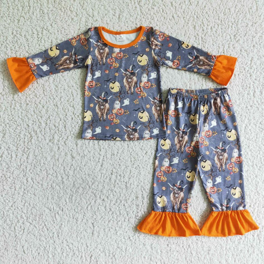 GLP0111 Halloween Pumpkin Girls Pajamas 2pcs Set