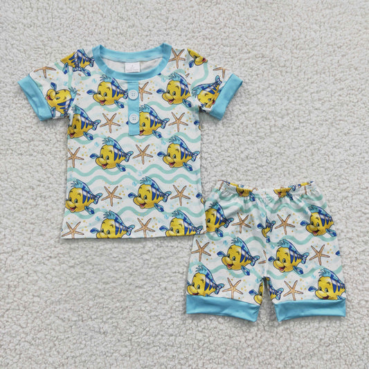 BSSO0114 New Boys Clownfish Starfish Blue Short Sleeve Shorts Set