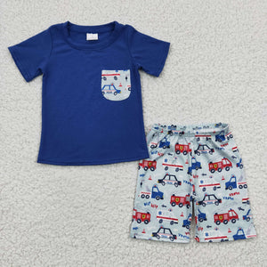 BSSO0121 New Boys Police Car Fire Truck Pocket Blue Short Sleeve Shorts Set