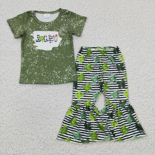 New green short-sleeved lucky four-leaf clover stripe suit