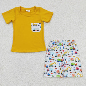 BSSO0122 Boys Construction Vehicle Excavator Pocket Yellow Short Sleeve Suit