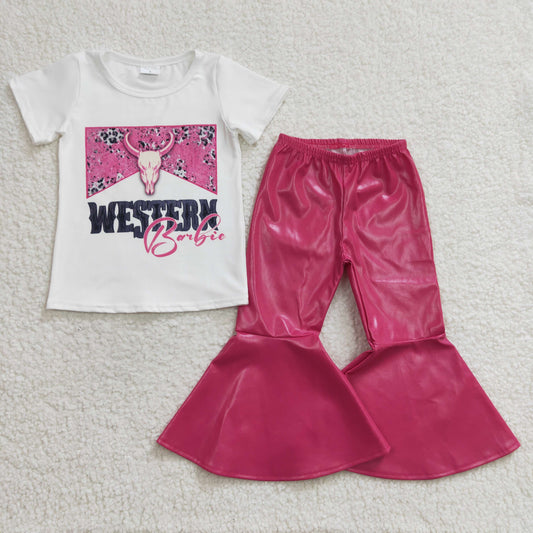 GT0134 P0048 Girls WESTERN pink bull head white short-sleeved top Rose Red Leather Pants