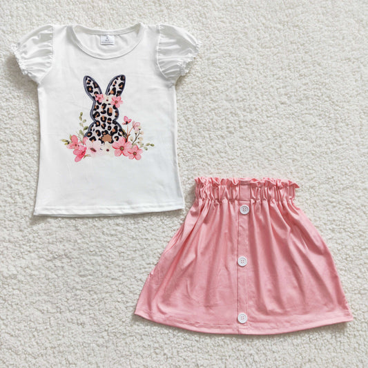 GSD0228 New Girl Leopard Print Rabbit Flower Short Sleeve Pink Dress Suit