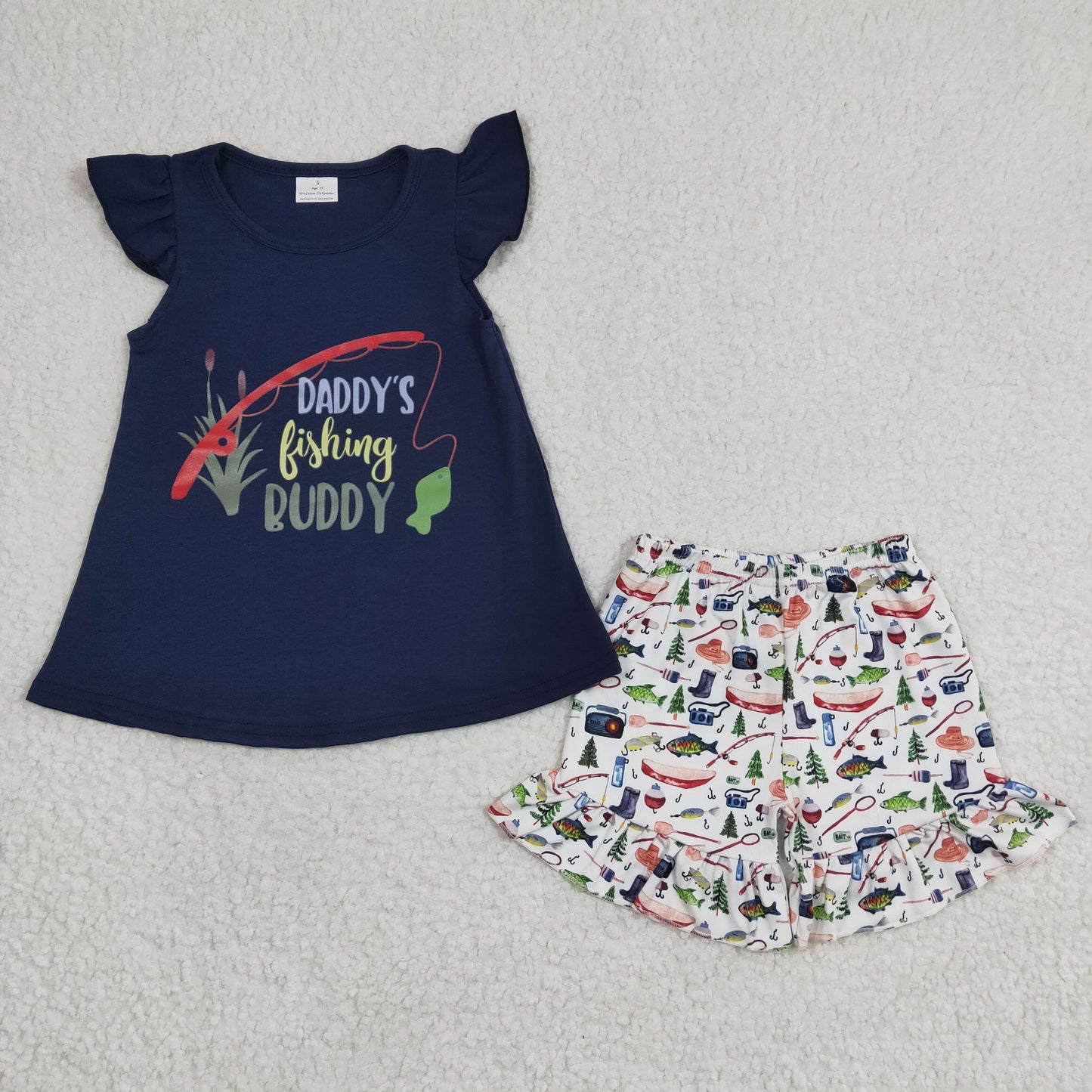 GSSO0165 Girls daddys fishing navy blue short-sleeved shorts set