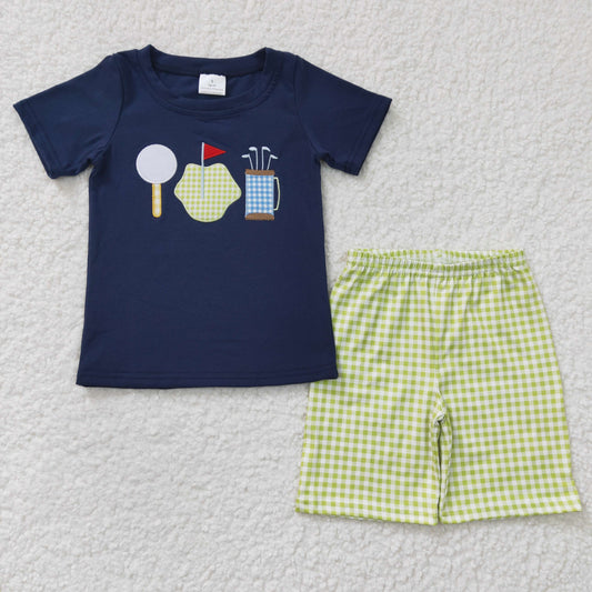 BSSO0135 New Boys Embroidered Golf Blue Short Sleeve Green Plaid Shorts Set