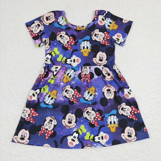 GSD0244 Girls Mickey Donald Duck Purple Short Sleeve Dress