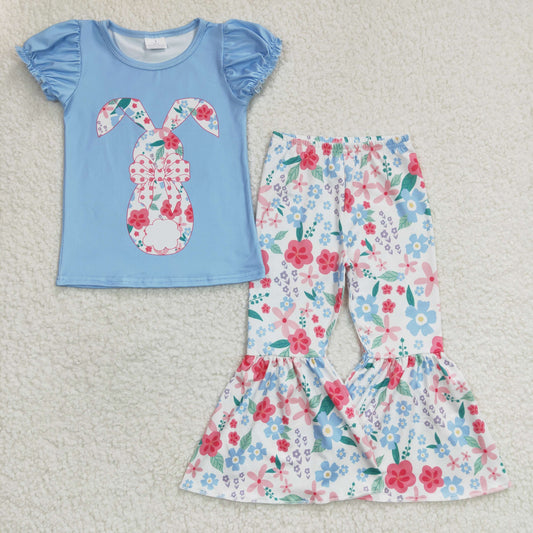 GSPO0460 Girls Flower Rabbit Blue Short Sleeve Trousers Suit