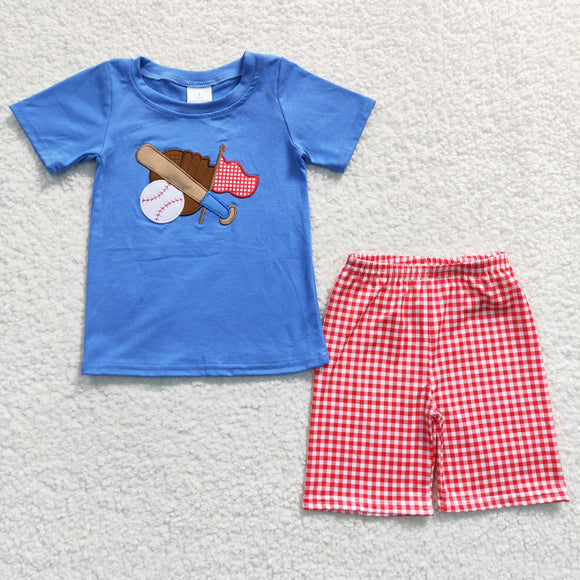 BSSO0134 New Boys Embroidered Baseball Blue Short Sleeve Red Plaid Shorts Set