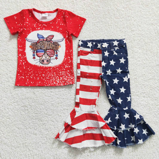 GT0114  Girls' National Day Cow Sunglasses Red Short Sleeve Top jeans suit