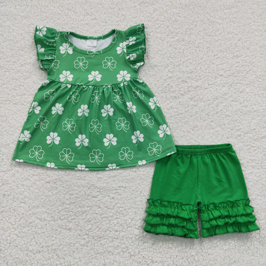 A11-21 New green four-leaf clover small flying sleeve lace shorts suit