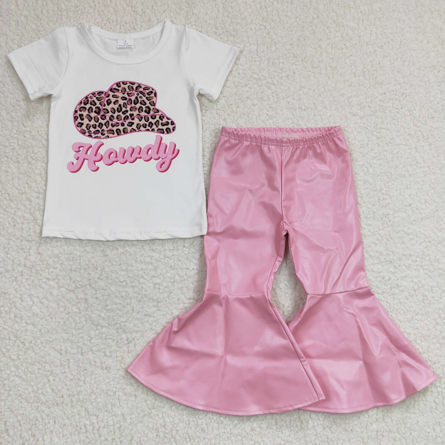 GT0138 New Girl Heart Gem Tassel White Short Sleeve Top Pink Leather Pants Set