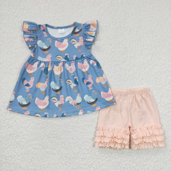 GSSO0168 New Girl Color Rooster Blue Flying Sleeve Pink Shorts Set