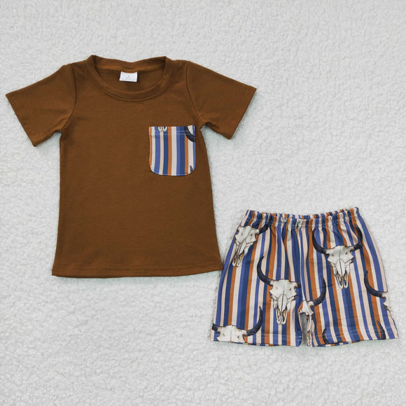 BSSO0149 New Boys Bull Head Vertical Stripe Brown Pocket Short Sleeve Shorts Set