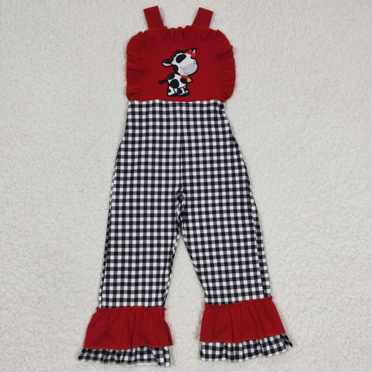 SR0165 New girl's embroidered cow suspenders red onesie