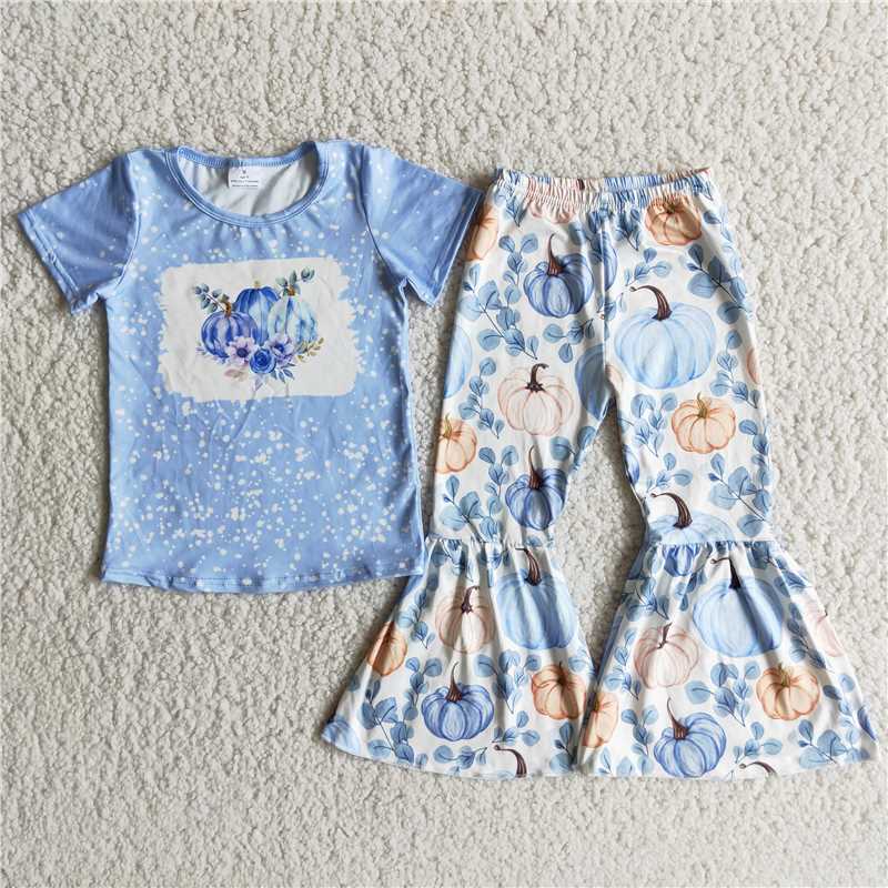 B9-13 Blue Print Short Sleeve Top with Pumpkin Print Flare Pants Set Halloween