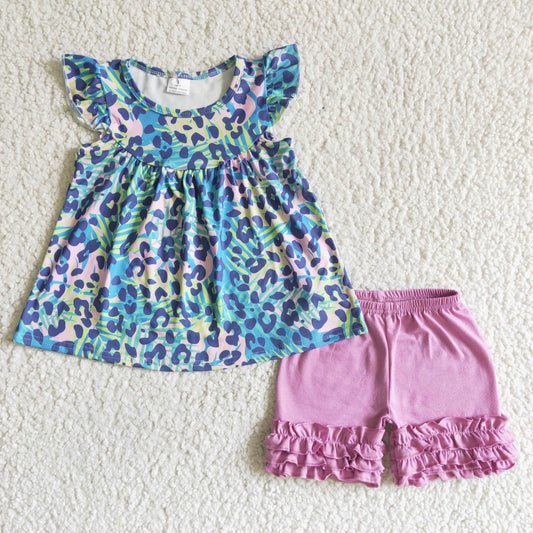 A13-16 Dinosaur-print short-sleeved top with purple shorts