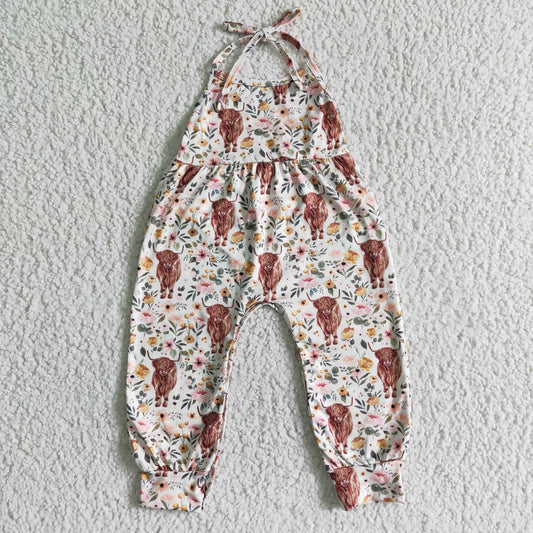 SR0042 Cow and Mountain Print Lace-Up Jumpsuit
