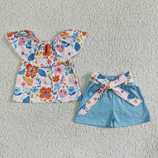 GSSO0099  Floral print clip-on top with blue lace-up shorts