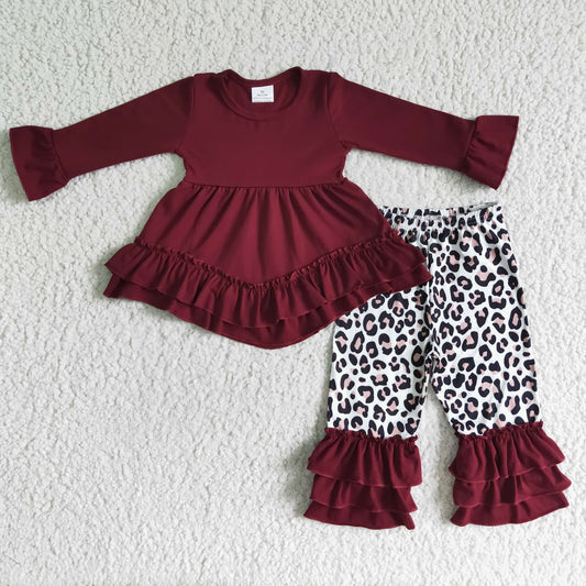 6 B4-38    Girls Red Long Sleeve Top Leopard Print Pants Set