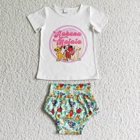 GBO0025   Anime movie print lion pattern white short-sleeved top with printed green shorts