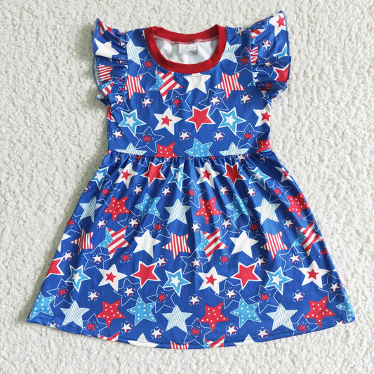 C11-9  Independence Day Costume Star Print Blue Short Sleeve Dress