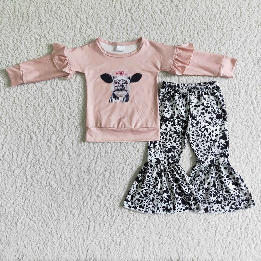 GLP0054   Girls Cow Pink Lace Long Sleeve Trousers Suit