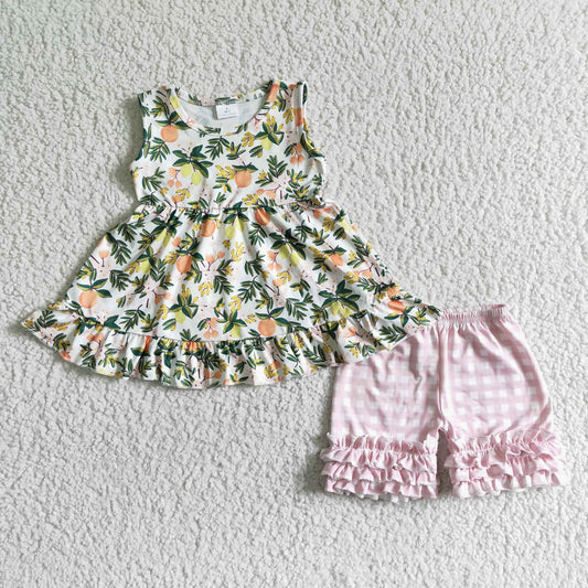 GSSO0076 Fruit print sleeveless top with pink plaid shorts set