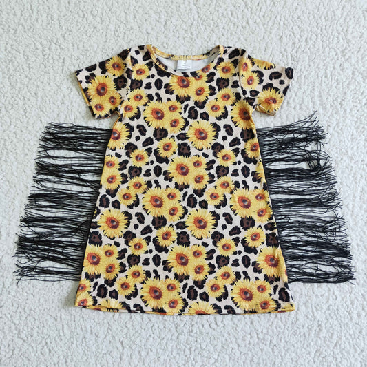 GSD0055  Sunflower Print Yellow Short Sleeve Dress with Fringe