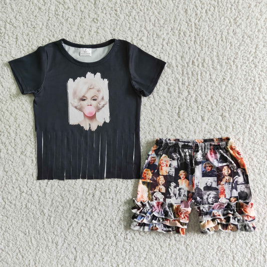 B5-1  Girls blowing bubble image print black short-sleeved fringed short-sleeved top with printed shorts