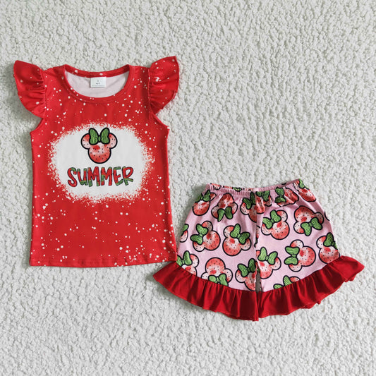 GSSO0071   Girls Red Lettering Short Sleeve Top with Printed Shorts
