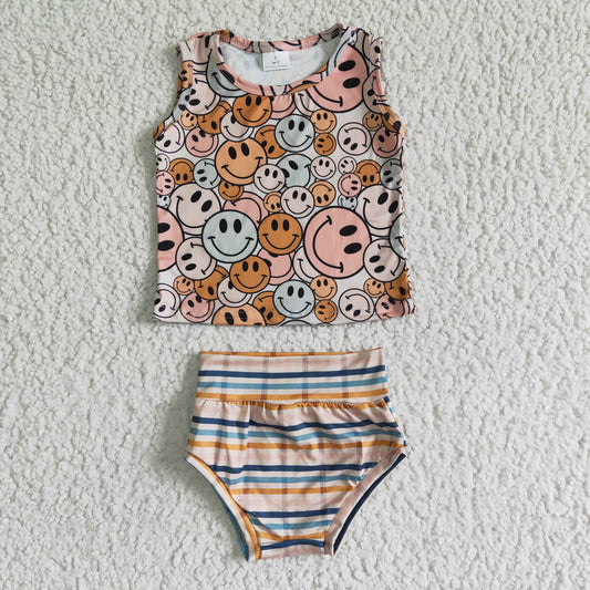 GBO0043   Smiley Print Sleeveless Top with Striped Shorts Set