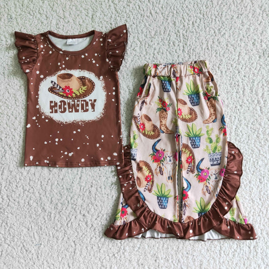 GSPO0097 Girls HOWDY Hat Cactus Brown Short Sleeve Pants Set