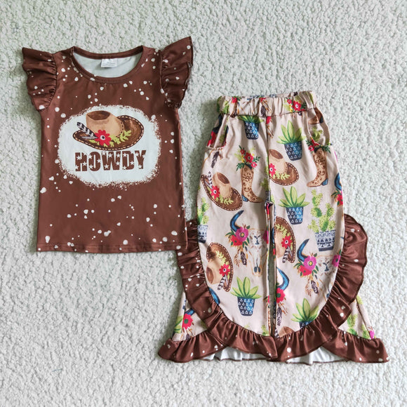 GSPO0097   Girls HOWDY Hat Cactus Brown Short Sleeve Pants Set