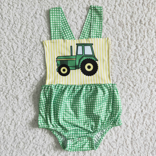 SR0036   Summer Green Check Truck Print Jumpsuit