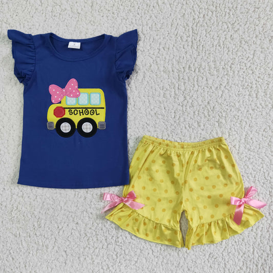 GSSO0091  School bus embroidered blue short-sleeved top with yellow shorts
