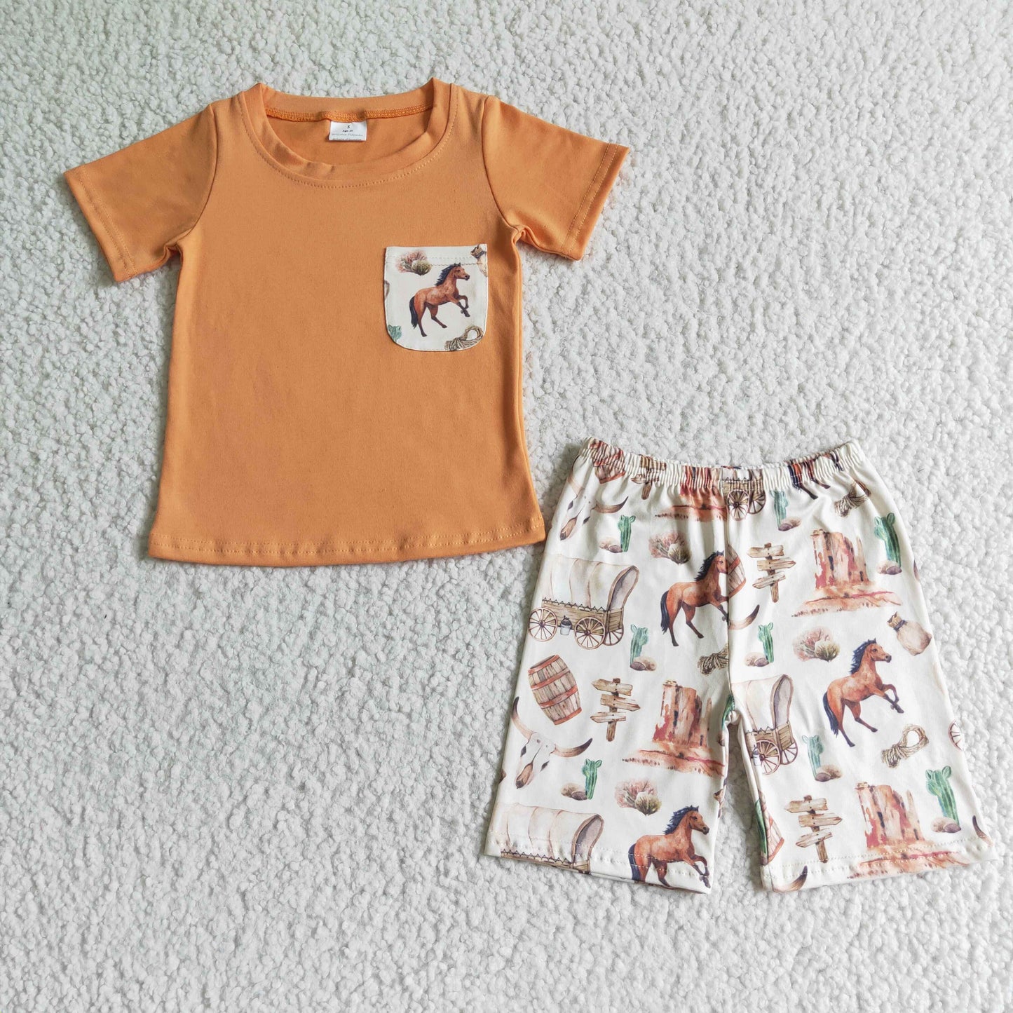 BSSO0072   Orange Short Sleeve Top with Pockets with Horse Print Shorts