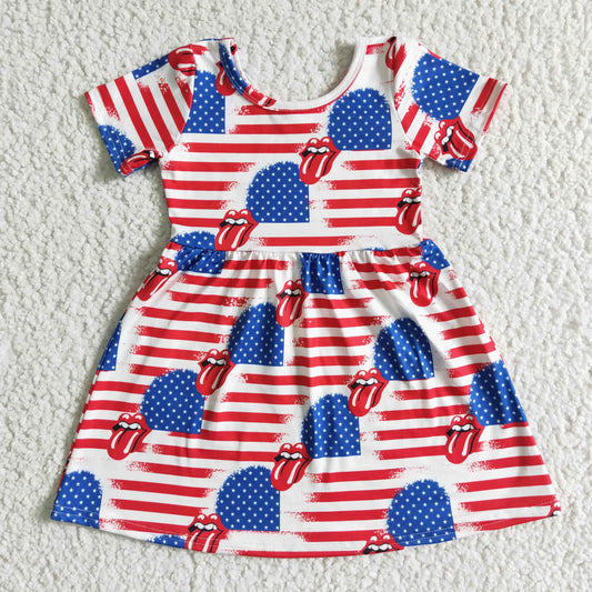 GSD0082  Independence Day Girls Short Sleeve Dress Big Tongue Print